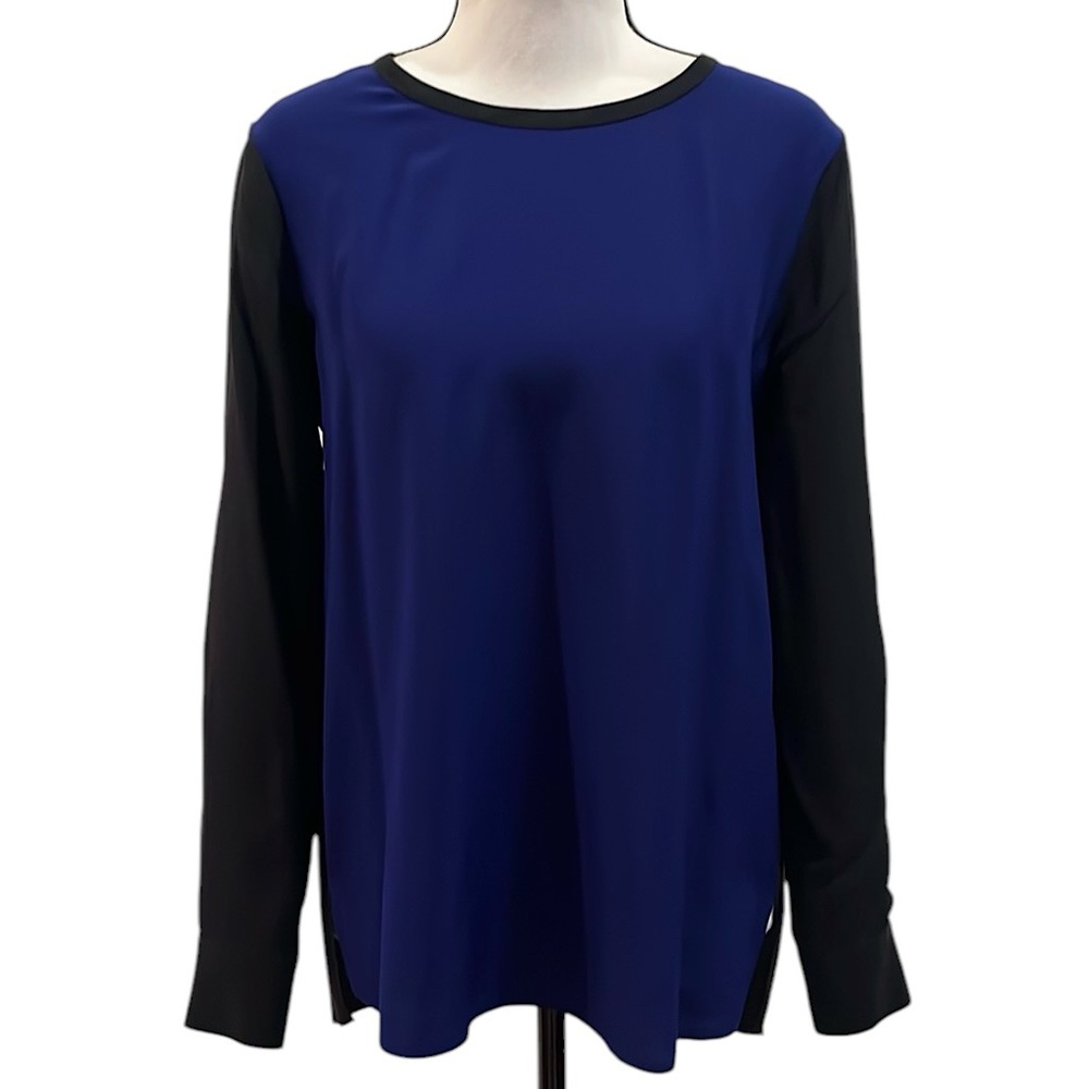 Diane Von Furstenberg Louisa Color block Silk Blouse Black Violet Long Sleeve 6